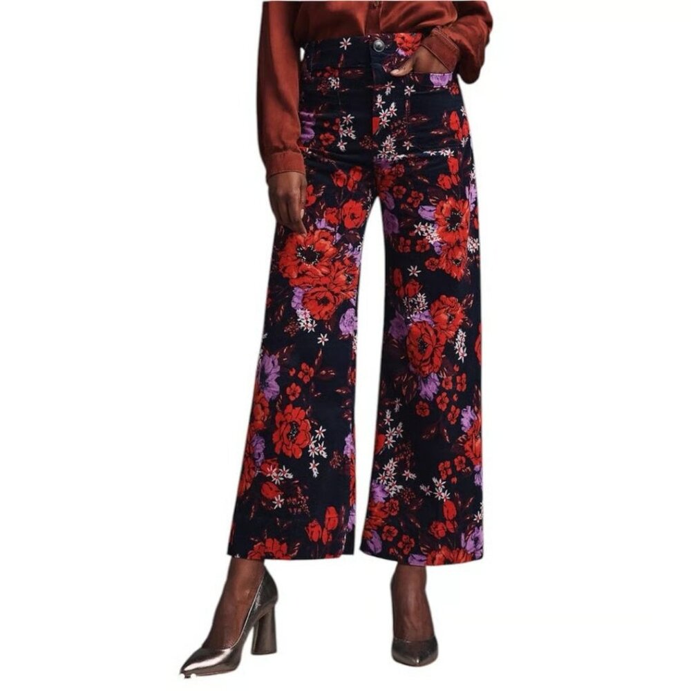 Maeve Anthropologie Colette Crop floral wide-leg velvet culotte pants size 24